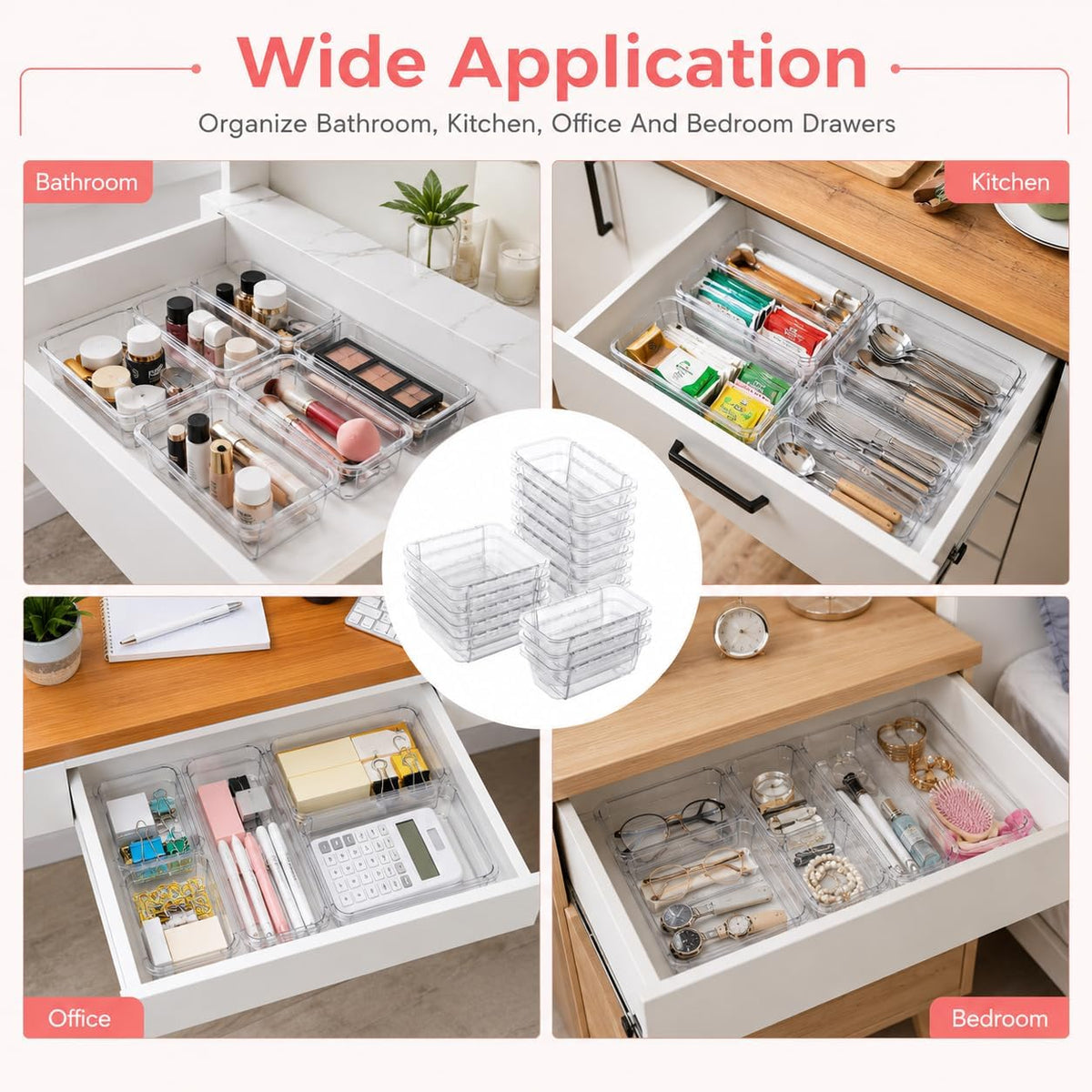 15 Pcs Expandable Drawer Organizer,Adjustable Drawer Organizer,2-Size,Clear