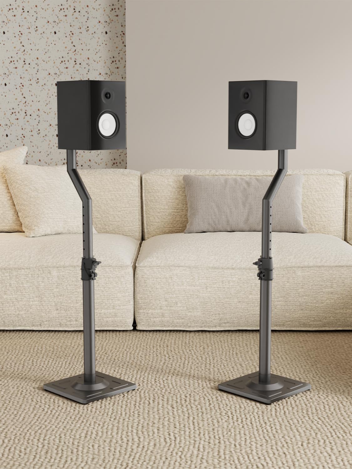 suptek Universal Speaker Stands Pair for Surround Sound - Floor Speaker Stand for Satellite & Bookshelf Speakers and Studio Monitors up to 22lbs, 26.38-32.3” Height Adjustment, 1 Pair Black, SFM003