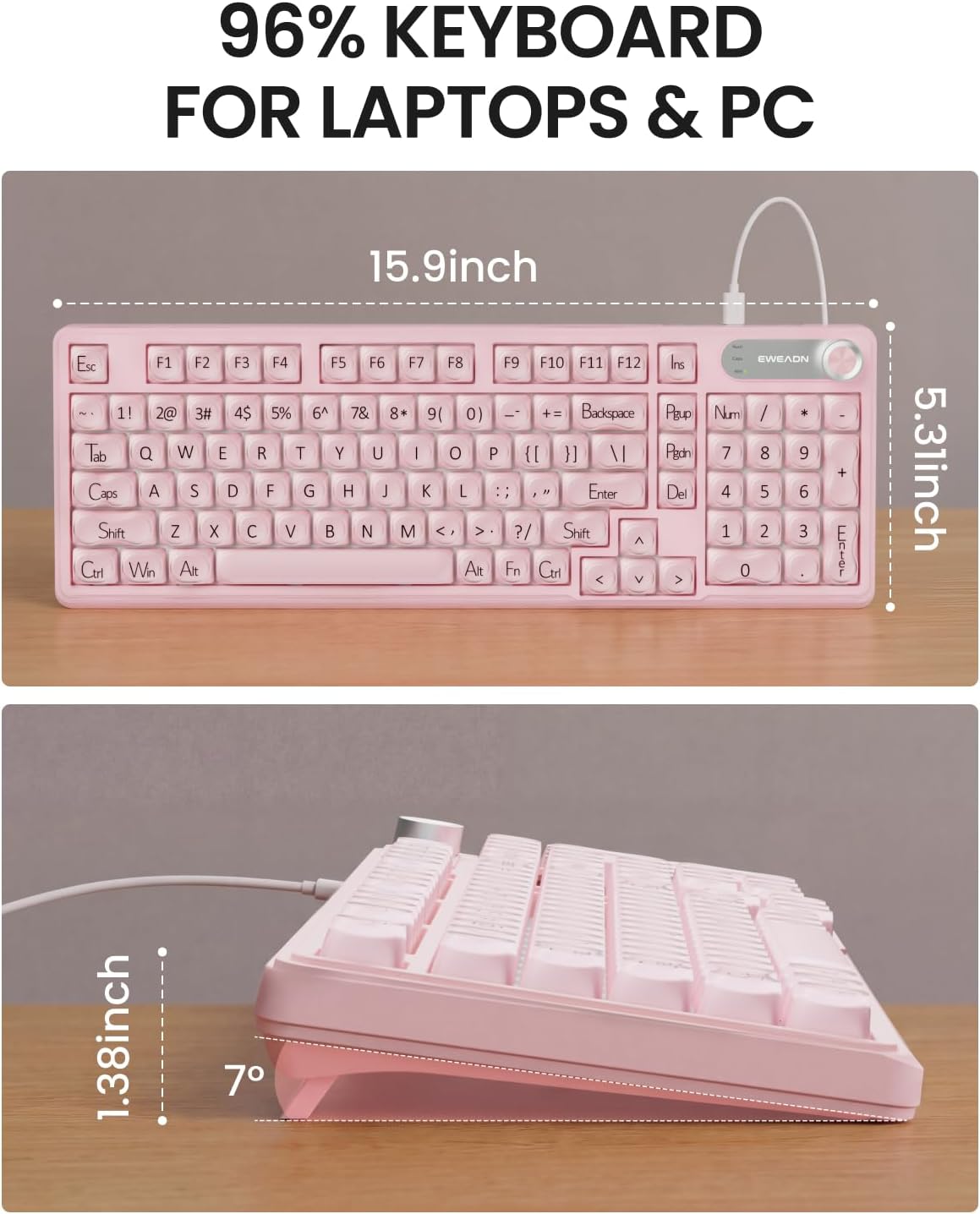 Wired Creamy Keyboard with Number Pad, 98-Key, Media Knob, RGB Backlit-Pink