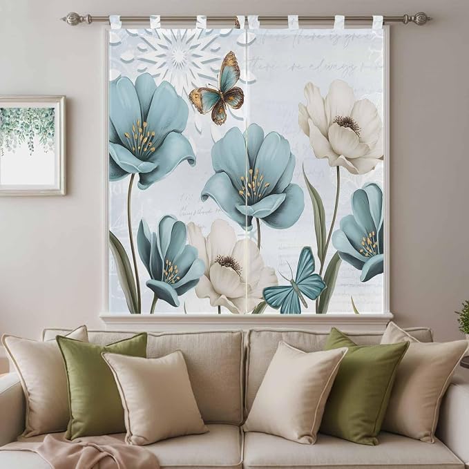 Blue Tulips Living Room Curtains 84 Inch Length, Window Curtains Tab Top
