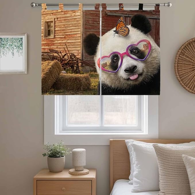 Farm Panda Bedroom Curtains 63 Inch Length, Window Curtains Tab Top, Farmhouse