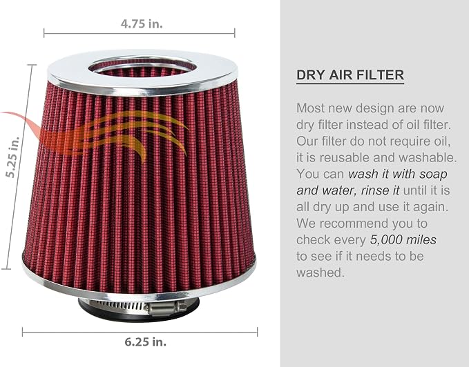 Rtunes Racing Universal Clamp-On Air Filter, Standard Cone, Dry Washable Design