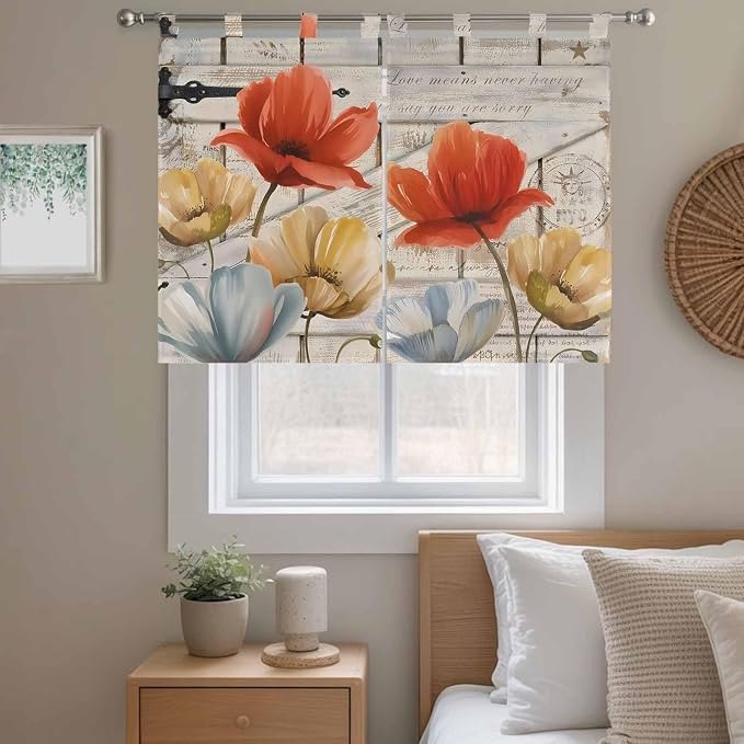 Retro Floral Bedroom Curtains 63 Inch Length, Window Curtains Tab Top