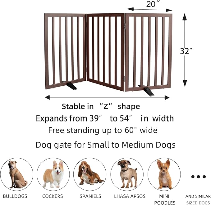 ZJSF Freestanding Indoor Dog Gate for House Foldable Wood Puppy Gate for Doorways Pet Gate for Stairs Extra Wide Pet Fence, Brown, 32" Height 3 Panels