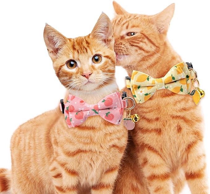 2 Pack Cotton Cat Collar with Bow Tie and Bell for Male Female Cats,Soft Fancy Breakaway Kitty Kitten Collar with Ghost& Pumpkin Patterned Design for Boy Girl Cats. (Peach&Lemon)
