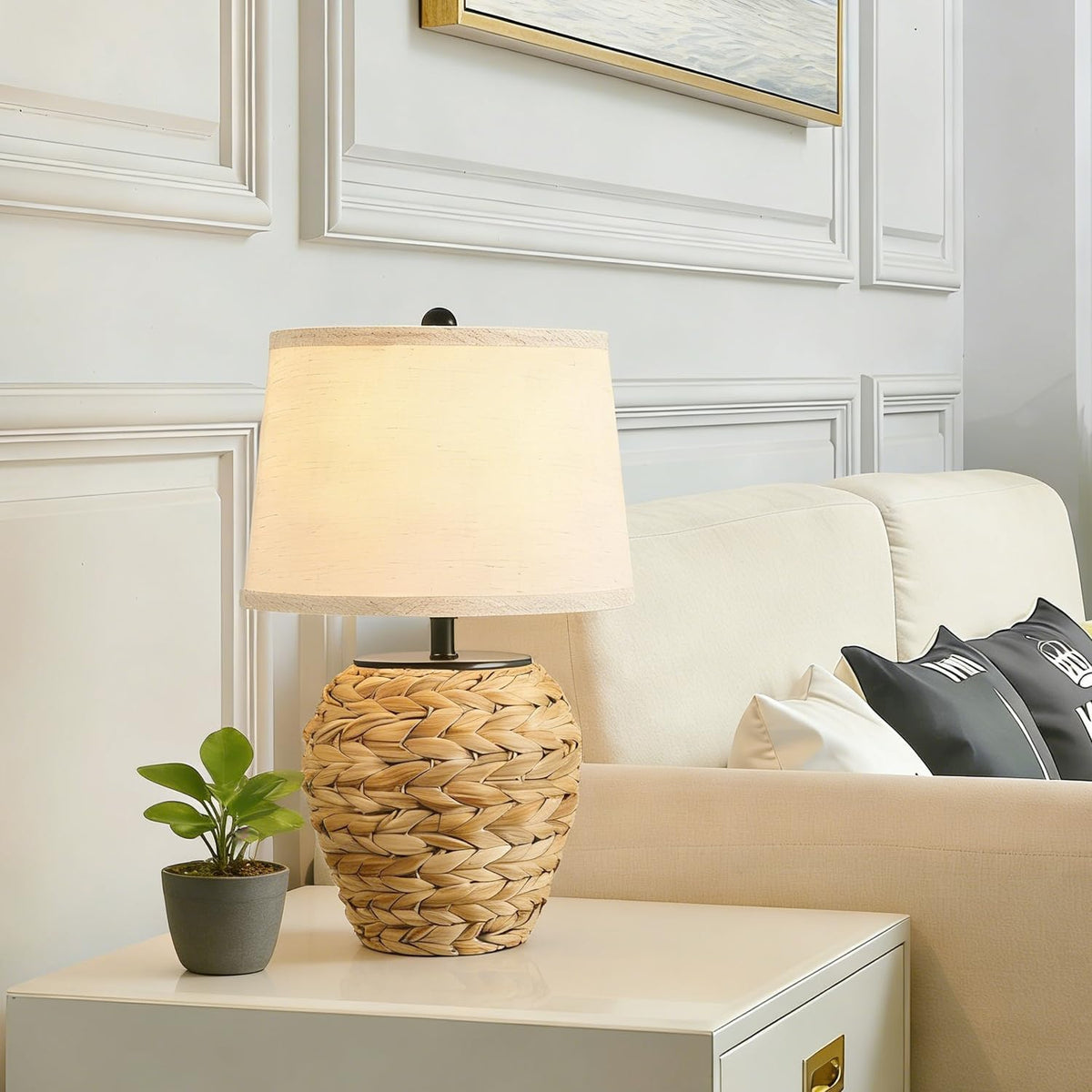 SOTTAE 15.3" Woven Natural Rattan Table Lamp with Linen Shade, Boho Bedside Lamp for Bedroom, Hand-Woven Rustic Farmhouse Desk Lamp for Living Room, Coastal Accent Lighting for Home Office