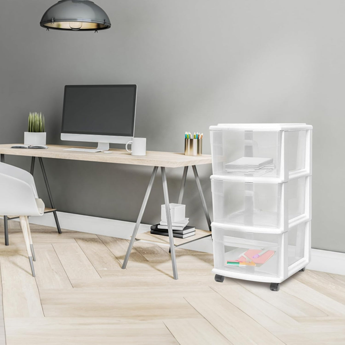 HOMZ Drawer Tower 3-Tier Storage Cart, Removable Wheels, White Frame,2 Pack