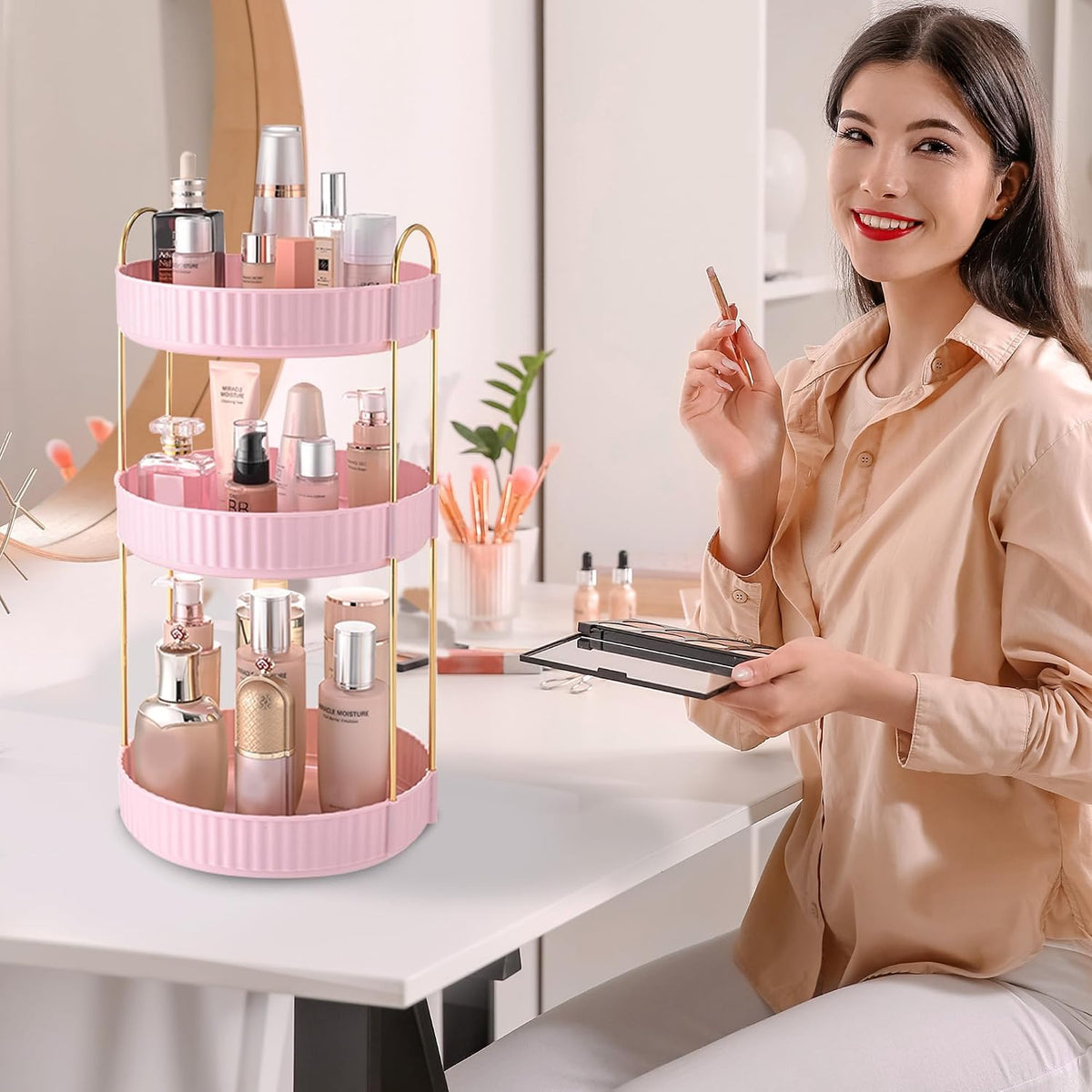 Aveniee Rotating Makeup Organizer, 3-Tier Pink Vanity Storage
