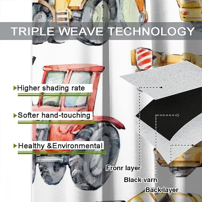 Kids Excavator Curtains, Retro Truck Tractor Machinery Construction Vehicle