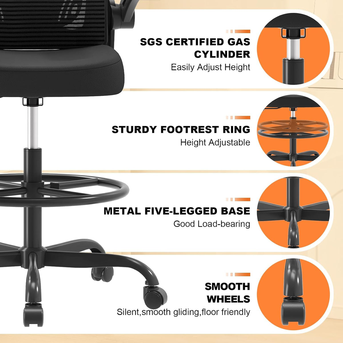Synorla Ergonomic Tall Drafting Chair-Mesh Desk Chair with Flip-Up Arms