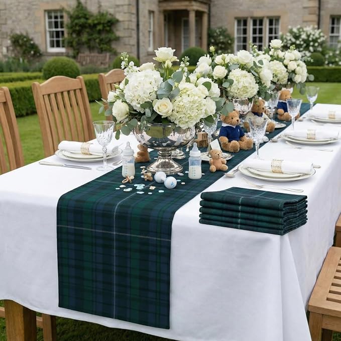 Gilprop 6 Pcs 72 x 13'' Tartan Plaid Bear Babyshower Table Runner Vintage