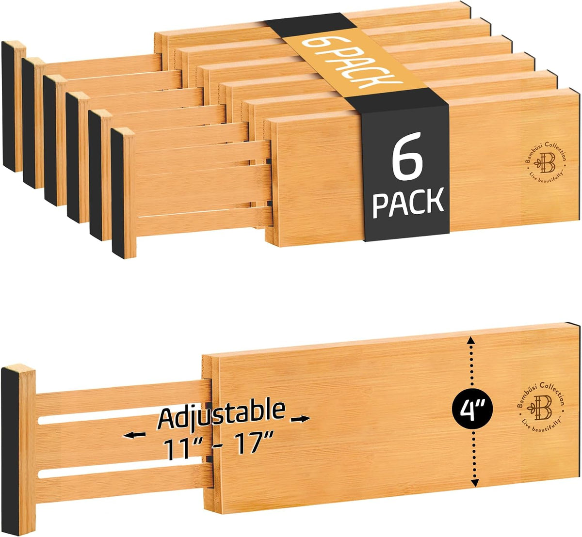 6-Pack Deep Drawer Dividers 4-Inch High Dresser Drawer Organizer, Bamboo