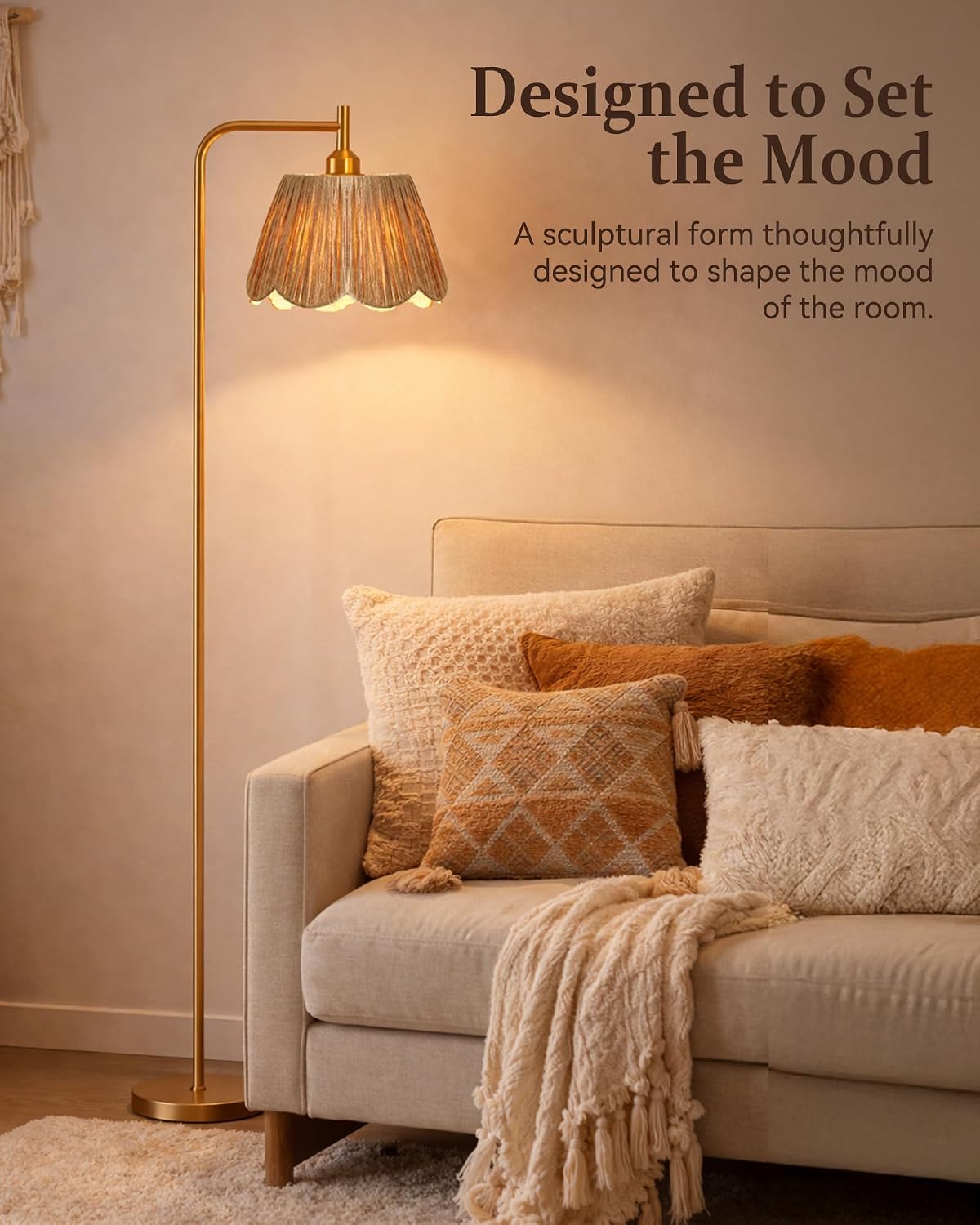 JOOFO Boho Brushed Gold Floor Lamp with Remote, Flower-Inspired Shade