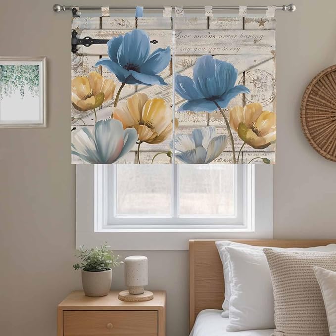 Blue Yellow Tulips Bedroom Curtains 63 Inch Length, Window Curtains Tab Top