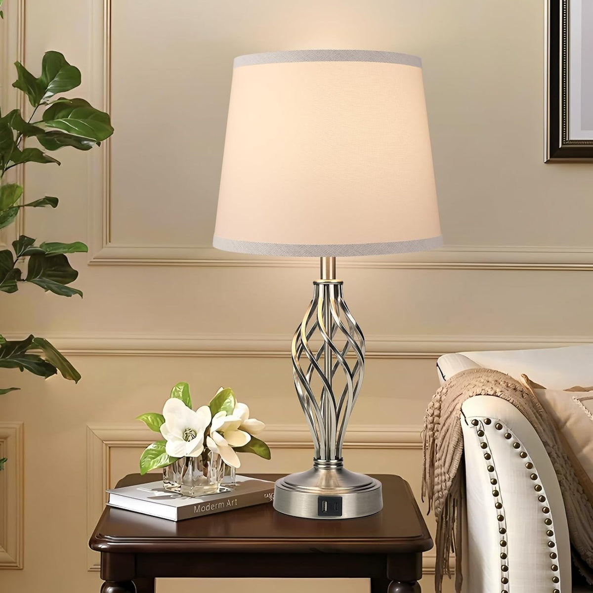 Ruiever Touch Table Lamps Set of 2, nightstand lamp with USB Ports Bedside 3 Way Touch dimmer Desk lamp for Living Room Bedroom,Nickel Plated Spiral cage Base Design Warm White dimmer Bulbs Included.