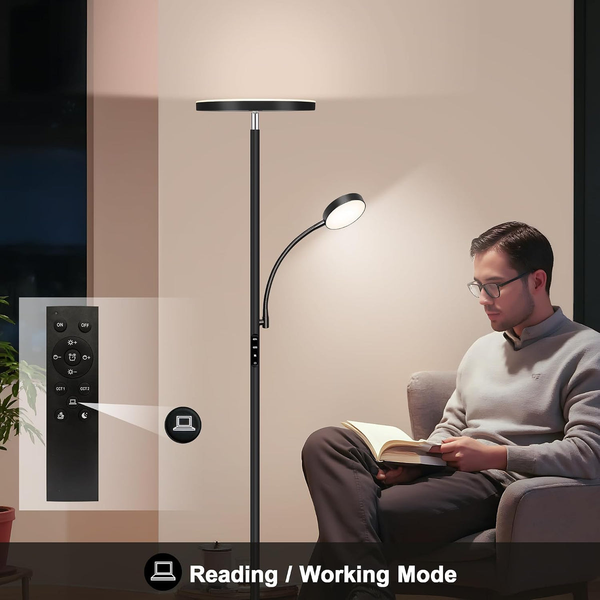 Floor Lamp-42W/4200LM Super Bright Floor Lamp,Dimmable 2-in-1 LED Floor Lamp for Bedroom,Torchiere Floor Lamps with Remote & Touch Control,69" Tall Standing Lamp for Living Room,Office,Reading,Black