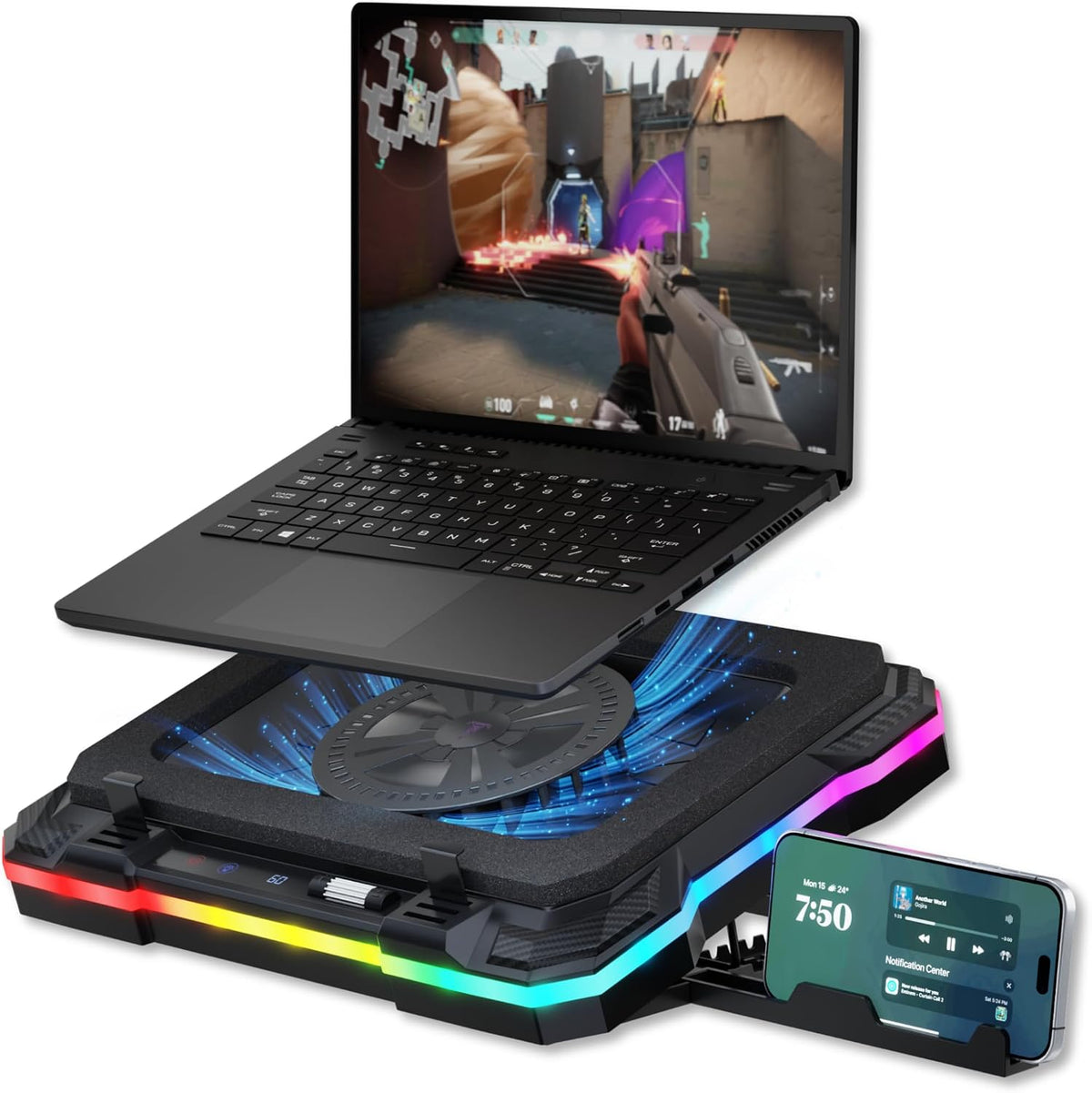 Tilted Nation Gaming Laptop Cooling Pad with USB Hub - Boost Performance, Stay Comfortable - RGB Laptop Cooler Stand with Adjustable Height & Fan Speed, RGB, USB (C + A) Hub, for 15.6" - 19" Laptops