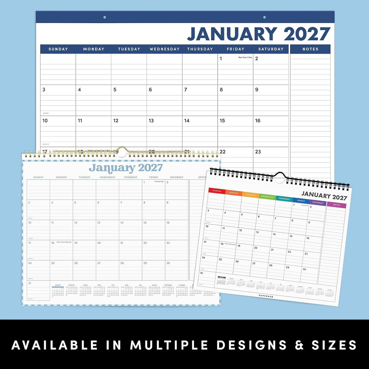 PAPERAGE 2027 Calendar, 12 Months (January 2027 - December 2027), Large (17 in x 22 in), Minimalist Wall and Desk Calendar with Monthly Views, Yearly Plans & Notes Section – Black