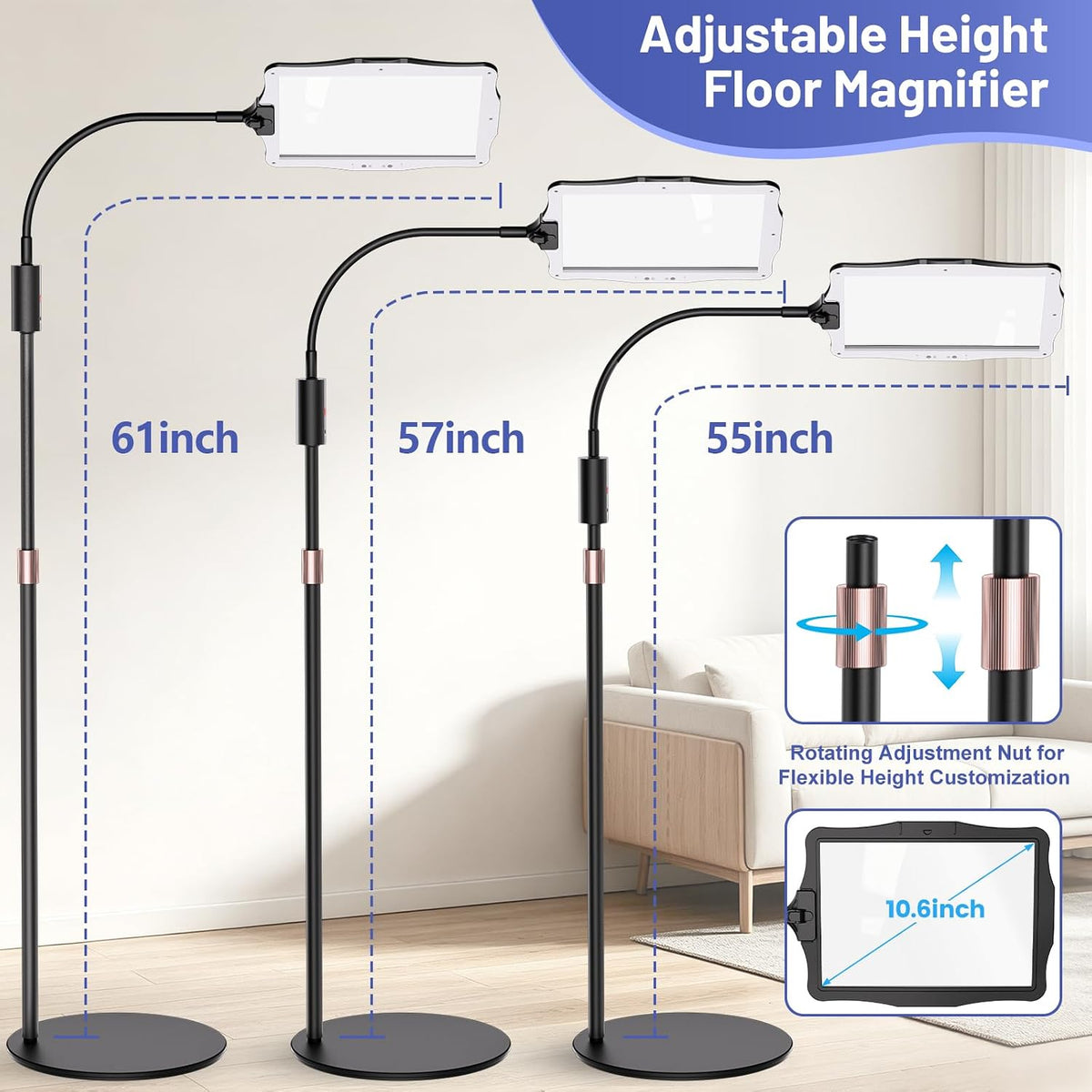 Hands Free Floor Standing Magnifying Glass with 48 LED Rechargeable Light, Adjustable Stand Large Magnifier for Seniors Reading Sewing Craft Embroidery Close Work DIY