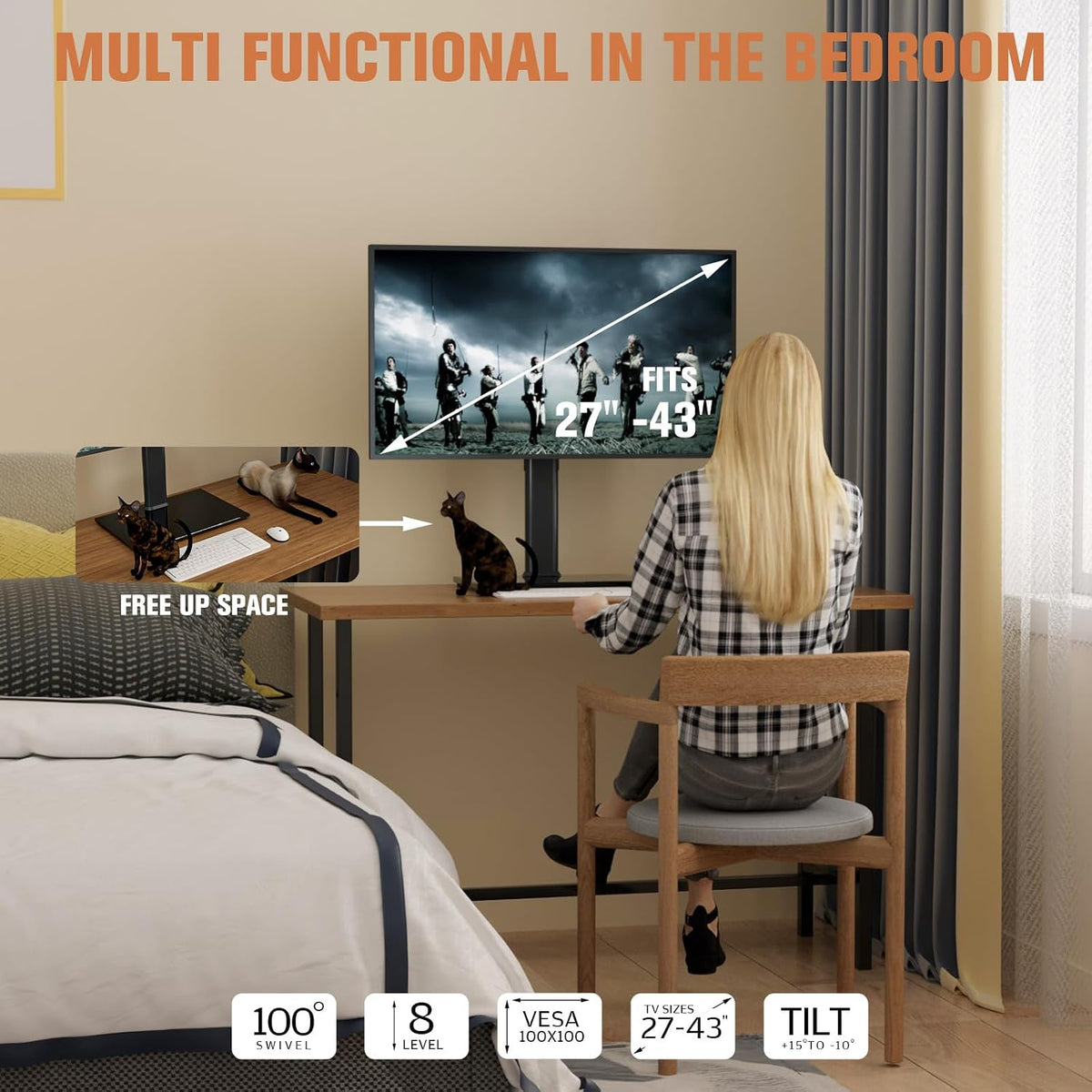 Single Monitor Stand Freestanding 27-43 Inch Monitor Arm Curved Screen Monitor Mount Tempered Glass Base Adjustable Motion Tilt -15° to 10° Swivel ±45° Rotation 360° Weight Capacity 77lbs HT05B-003