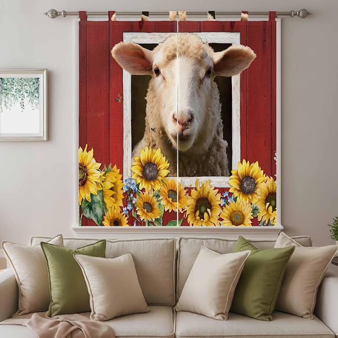 Sheep Sunflower Living Room Curtains 84 Inch Length, Window Curtains Tab Top