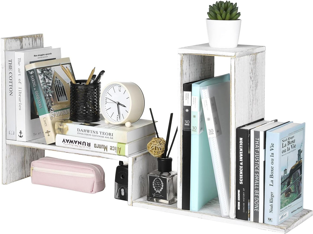 MyGift Adjustable Whitewashed Solid Wood Desktop Storage Organizer Display Shelf Book Rack, Office Desk Bookshelf