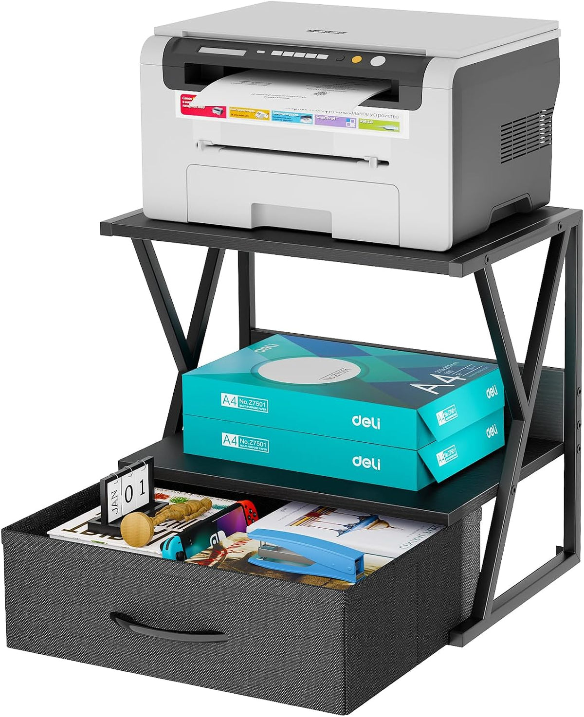 aboxoo Printer Stand for Desk with Storage Drawer, 2 Tier Desktop Or Under Desk Shelf, Multi-Purpose Desks Organizer for Home Office, fit Fax Machine/3D Printer/Scanner, Black