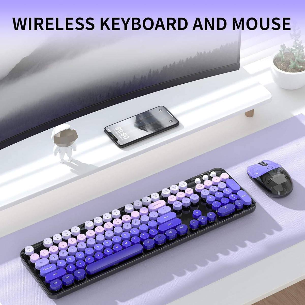 Wireless Keyboard and Mouse, 104 Round Keycaps Retro Typewriter Purple