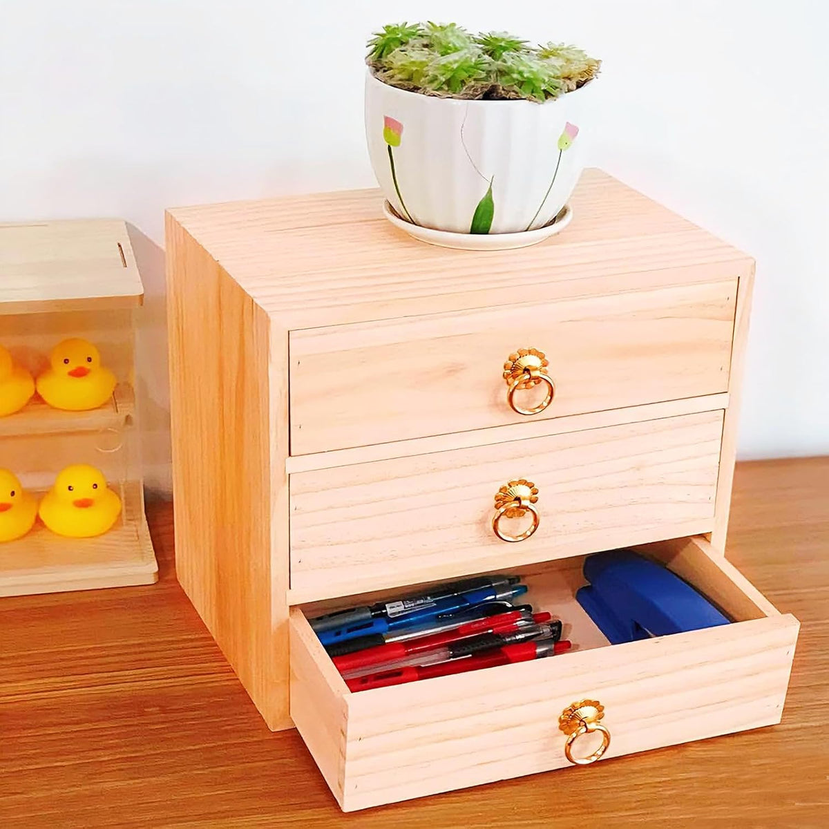 3 Layer Natural Wooden Storage Box Organizer Desk Accessories