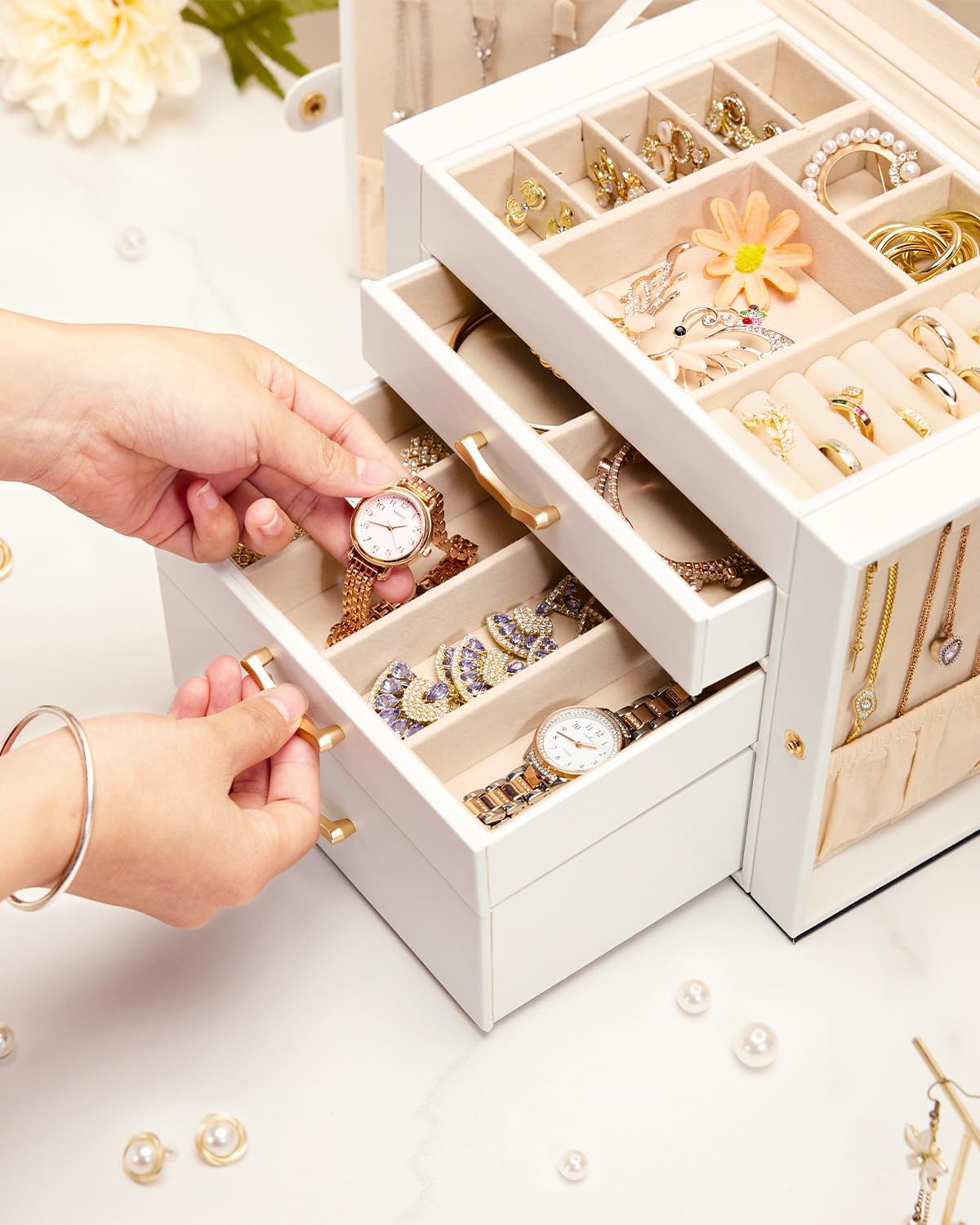 Enthralite Modern Jewelry Organizer for Women: 4-Layer Box with Clear Lid