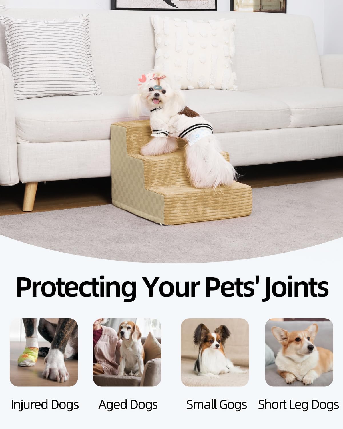 Dog Stairs for Small Dogs,22" H,5-Step Dog Steps for Bed and Couch with High Density Foam,Non-Slip Pet Steps for Doggy and Cat,Pet Stairs with a Washable Cover,Khaki