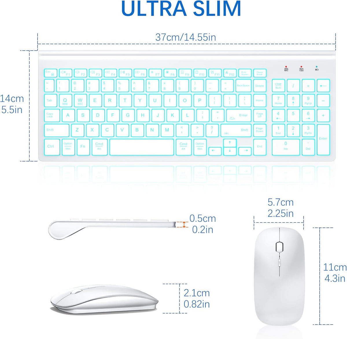 Wireless Backlit Keyboard and Mouse Ultra Slim Combo, TopMate - Matte White