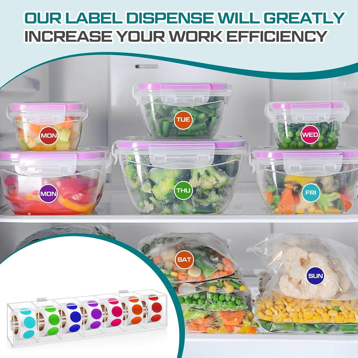 DoubleFill Day of the Week Sticker Dispenser 2.17" Square Acrylic Sticker Roll Holder Covered Label Dispenser Wall Mount 7 Slot Holder for Office Desktop Stickers, Clear, Single Layer(No Label)
