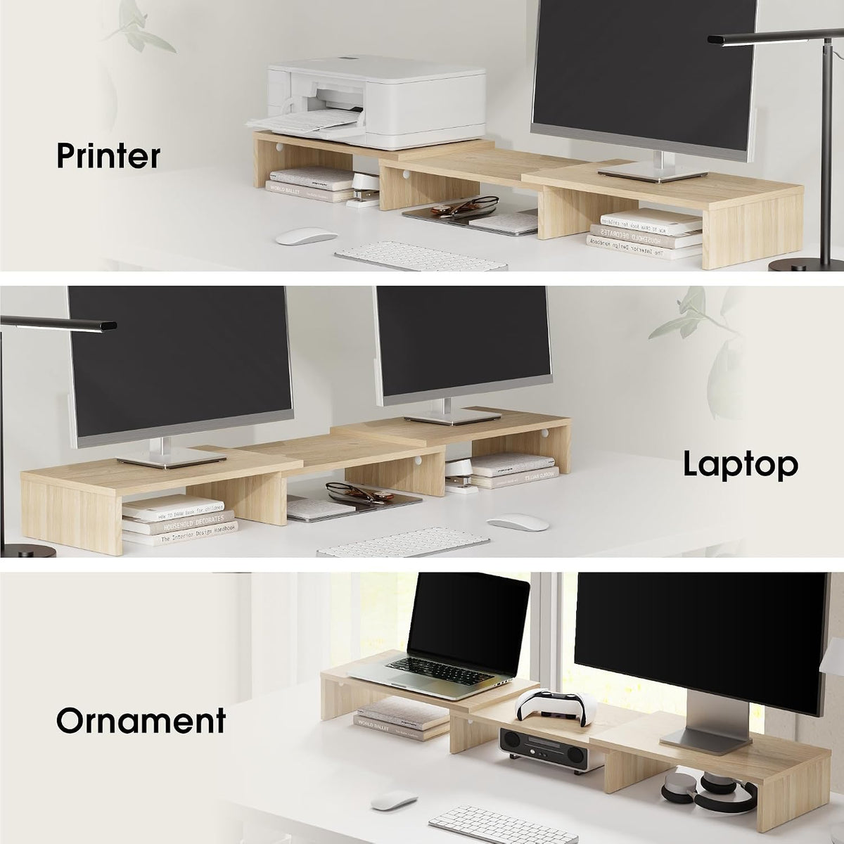 FITUEYES Dual Monitor Stand Riser, Adjustable Length and Angle, Oak