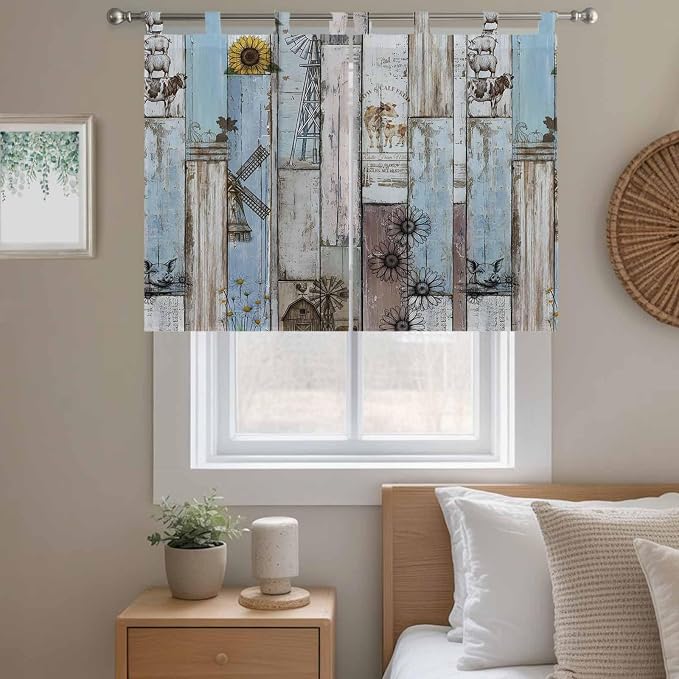 Blue Grey Wooden Bedroom Curtains 63 Inch Length, Window Curtains Tab Top
