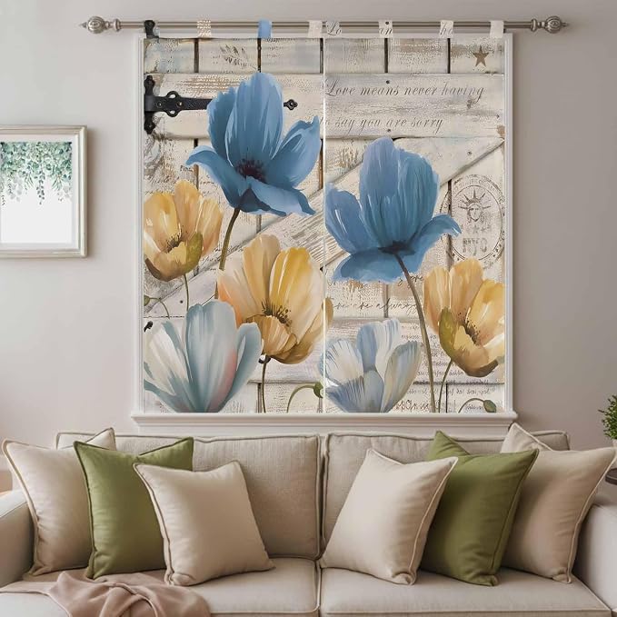 Blue Yellow Tulips Bathroom Curtains 63 Inch Length, Window Curtains Tab Top