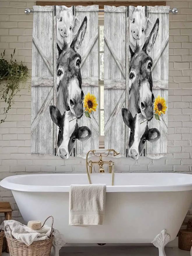 Grey Farmhouse Living Room Curtains 72 Inches Length, Vintage Sunflowers