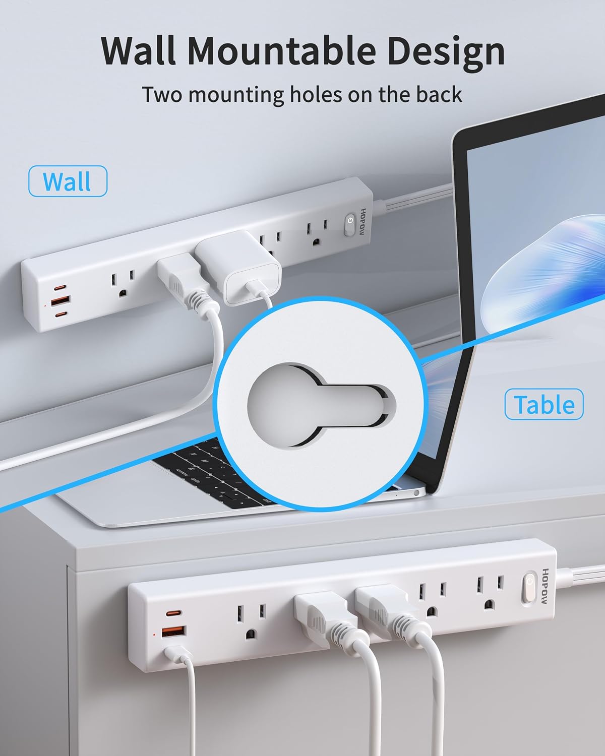 2 Pack Surge Protector Power Strip, 5AC&1A2C, 10FT Flat Plug Extension Cord