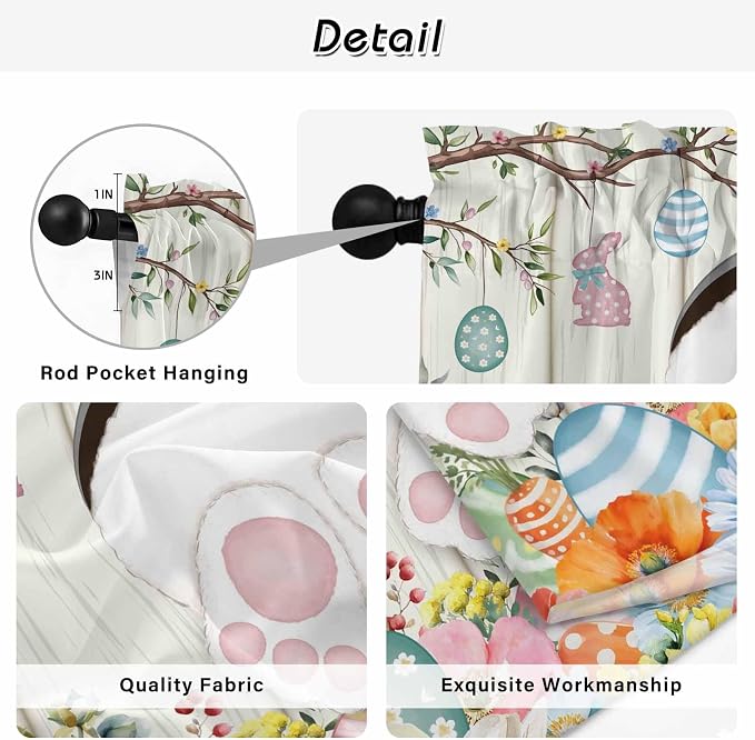 Easter Kitchen Tier Curtains 36 Inch Long 2 Panel Set, Rod Pocket Half Window