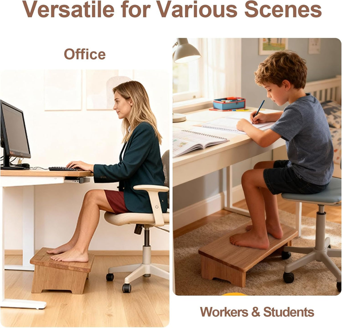 Solid Wood Under Desk Footrest Foot Rest for Under DEST at Work Ergonomic Foot Stool Improves Posture and Circulation, Chair Footrest for Leg Rests 350lbs Capacity for Home Office