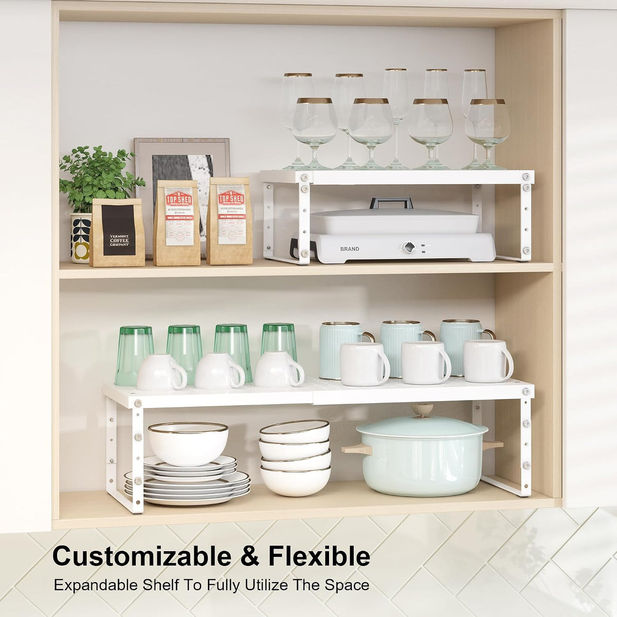 RUILALIFE Expandable Cabinet Organizer Shelf With Adjustable Height, Stackable Kitchen Countertop Organizer Rack, Adjustable Shelf Riser For Kitchen Counter, Pantry, Cupboard, Desk, Tabletop