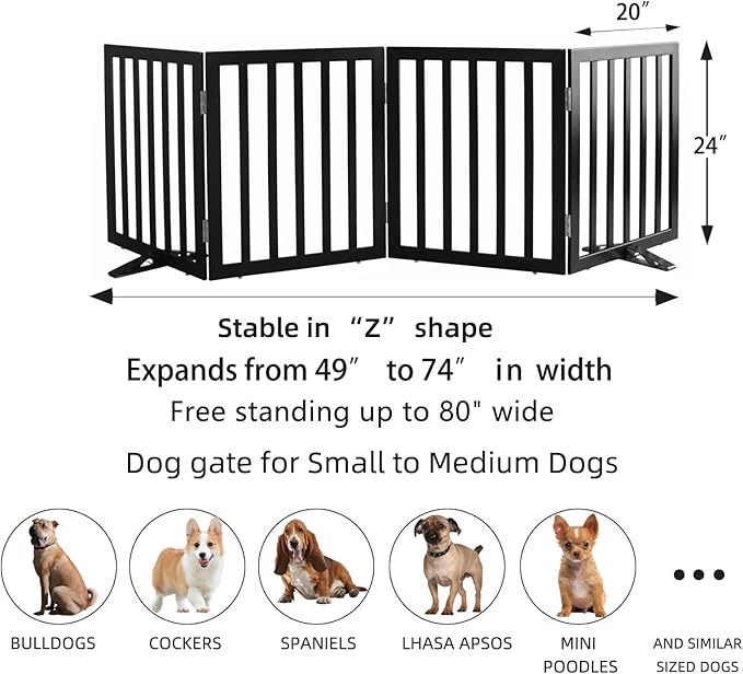 ZJSF Freestanding Indoor Dog Gate for House Foldable Wood Puppy Gate for Doorways Pet Gate for Stairs Extra Wide Pet Fence, Black, 24" Height 4 Panels
