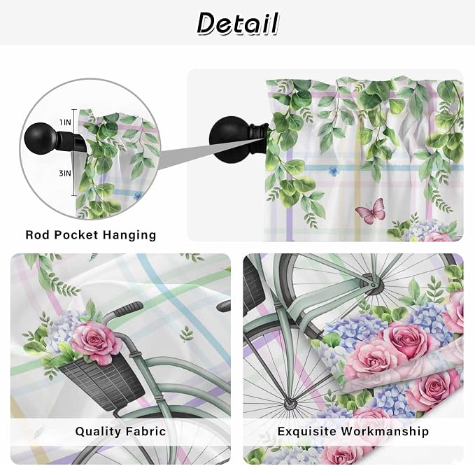 Spring Tier Curtains, Bicycles Botanical Leaves Rose Colorful Stripes Light