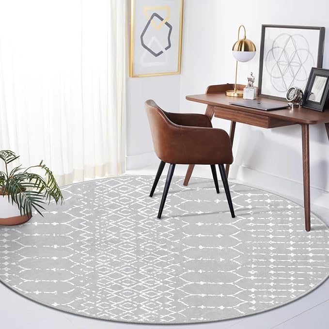 Lahome Moroccan 5Ft Round Rug Machine Washable Round Bedroom Carpet Grey