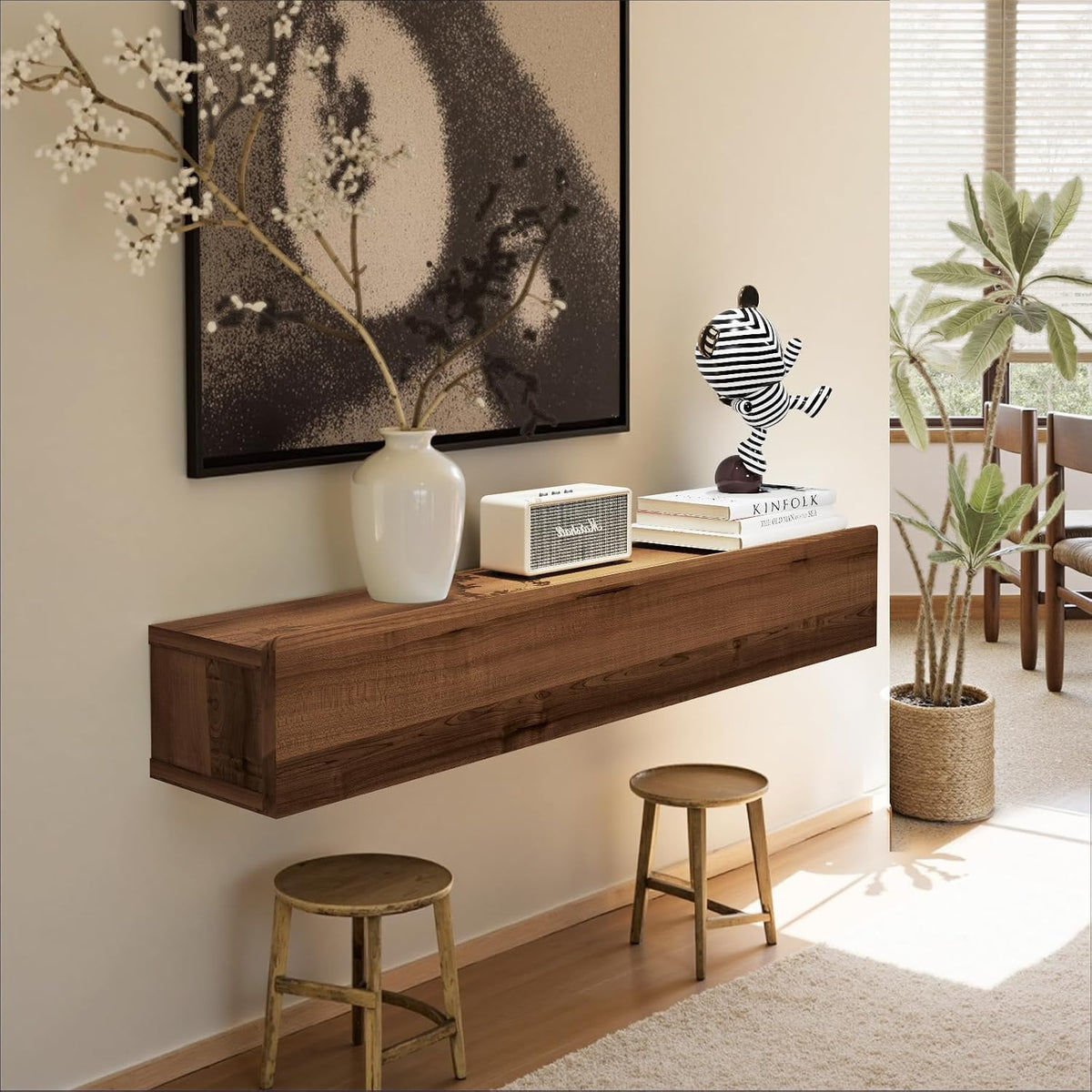 Floating Solid Wood Console Table, 32'' Wall Mounted Narrow Entryway Table with Storage Shelf, Modern Couch Shelves Small Entry Way Tables for Entryway, Front Hall, Hallway (Walnut, 31.5IN)
