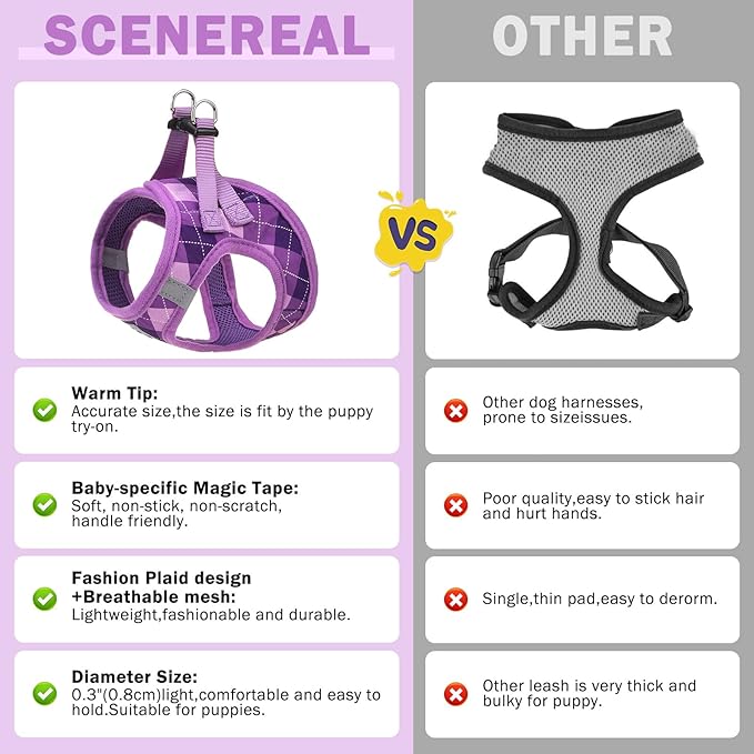 SCENEREAL Small Dog Harness and Leash Collar Set, Step in No Pull Soft Mesh Dog Harnesses for Small Medium Sized Dogs Puppy and Cats Outdoor Walking, No Chock Reflective Vest Harness, Purple Plaid S