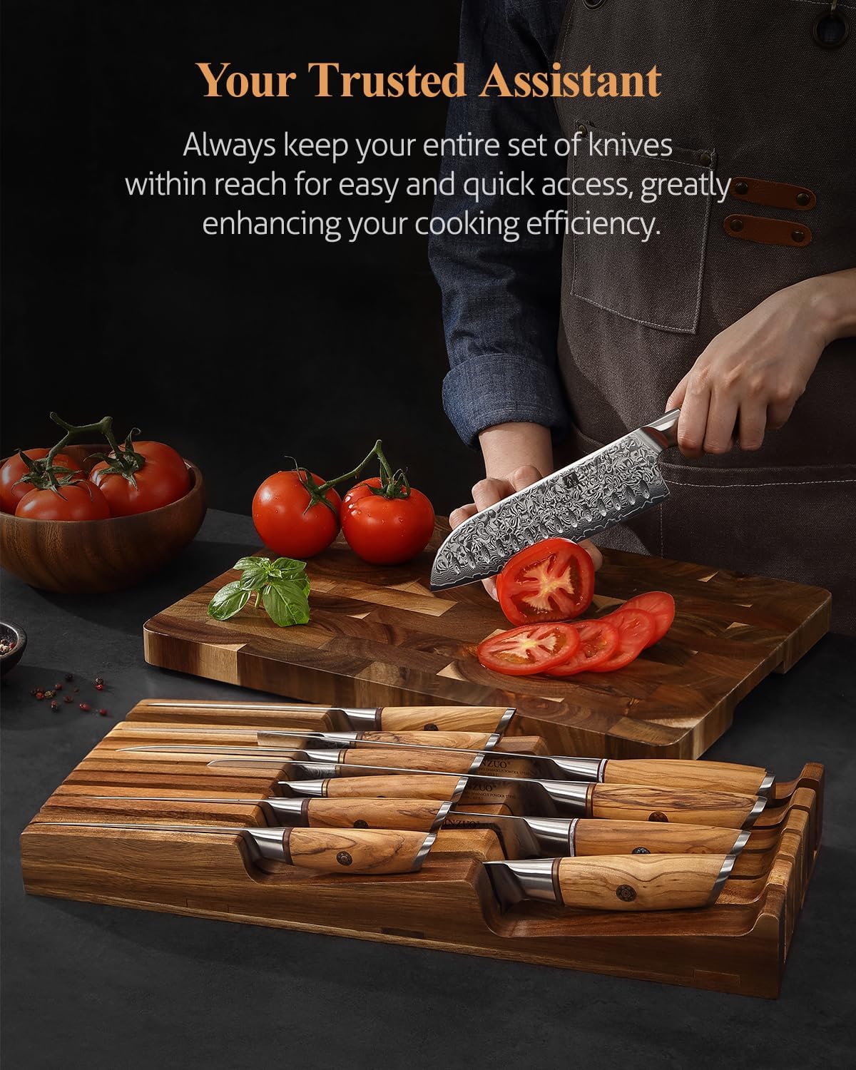 XINZUO In-drawer Knife Block, Natural Acacia Knife Drawer Oganizer, Insert-Kitchen Storage Holder, 11 Slots, Holds up to 11 Various Size Knives, Countertop Saving&Knife Protective