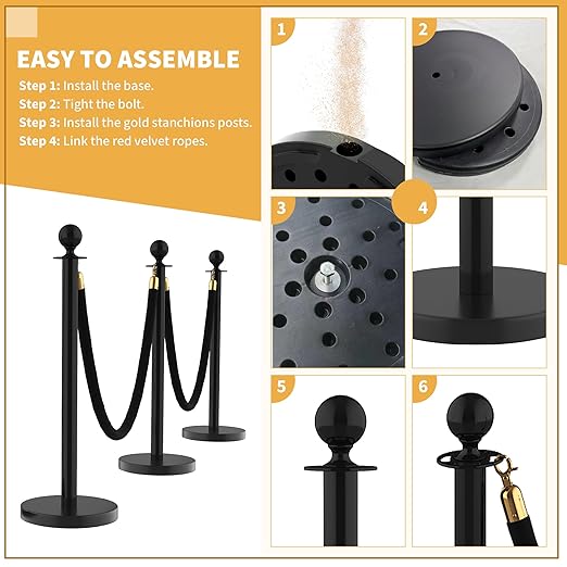 4Pcs Stanchions and Velvet Ropes, Black Stanchions with Retractable Belts, Crowd Control Barriers with Hollow Base, Red Carpet Ropes and Posts for Event & Party Supplies
