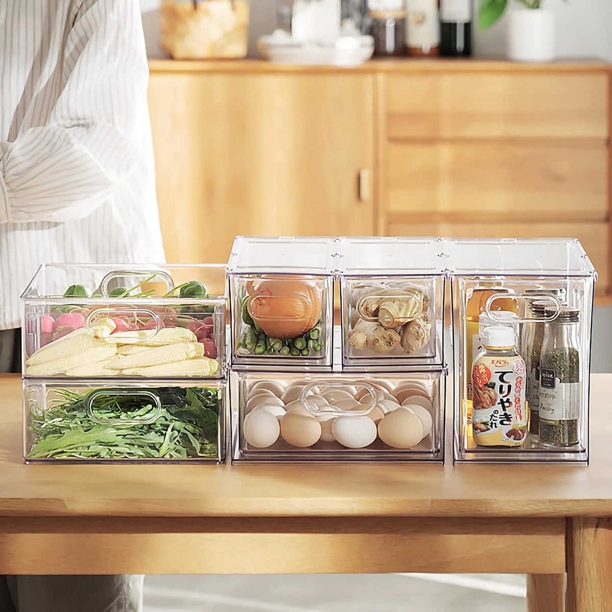 2Pack Stackable Fridge Drawers Pull-Out Bins Divided Produce Saver Containers for Refrigerator Storage Organizers for Veggie Fruit Berry Pantry Cabinet Makeup Clothes