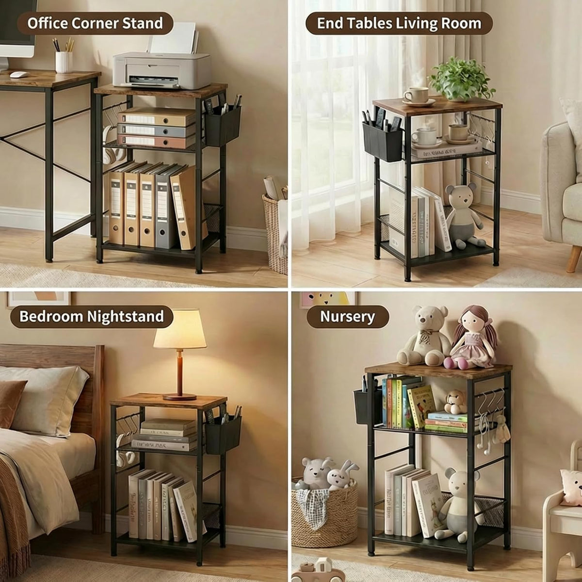 ECOLOVI Small 3 Tier Printer Stand for Under Desk, Height Adjustable Shelf Printer Table with 3 S-Hooks & Basket, Heavy Duty Industrial Storage Shelf for Home Office (Rustic Brown)